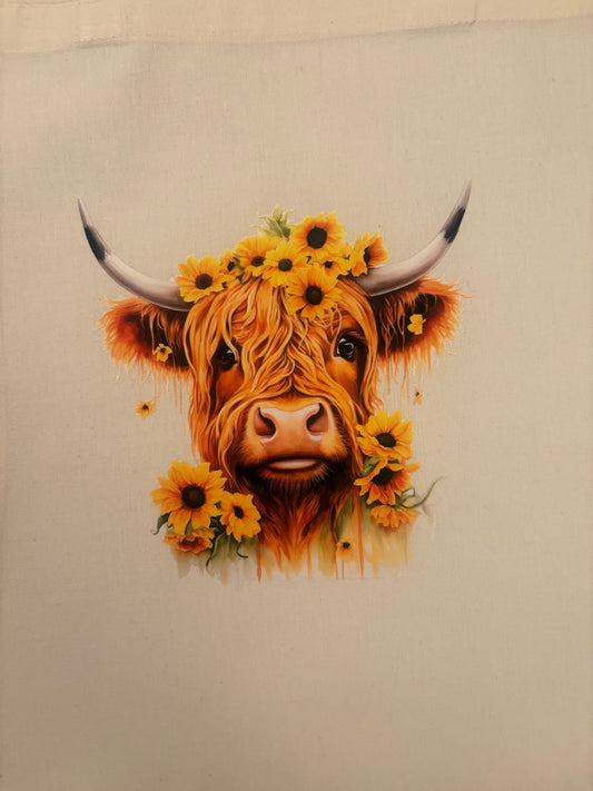 Sunflowers and Highland Cow Canvas Tote Bag